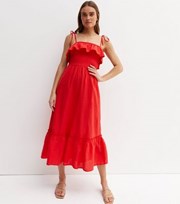 New Look Red Linen-Look Shirred Frill Strappy Tiered Midi Dress